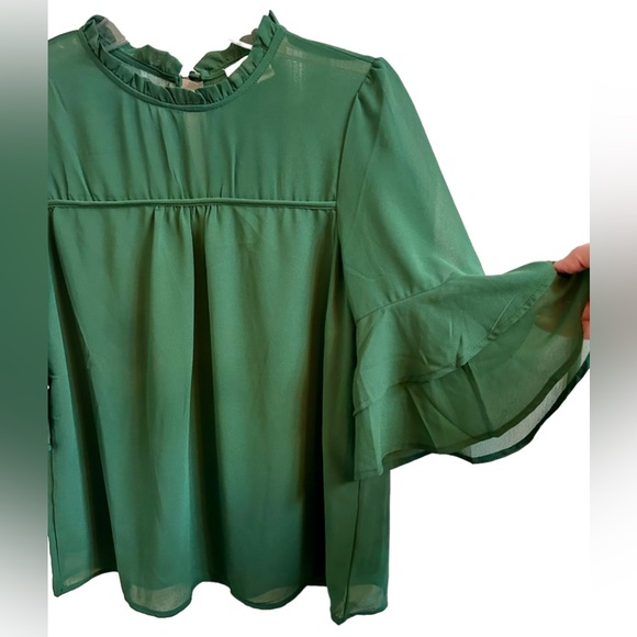 ANTHROPOLOGIE MONTEAU LOS ANGELES Ruffle Elbow Length Blouse Green M ✨LIKE NEW✨ - Picture 2 of 10